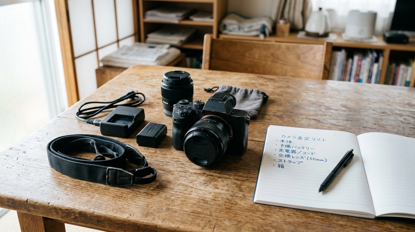 デジカメ本体とレンズ、バッテリー、充電器などの付属品を並べた査定準備の様子