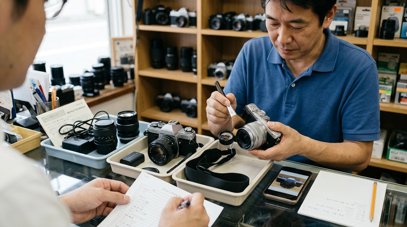 店舗のカウンターでスタッフがカメラを丁寧に査定している様子