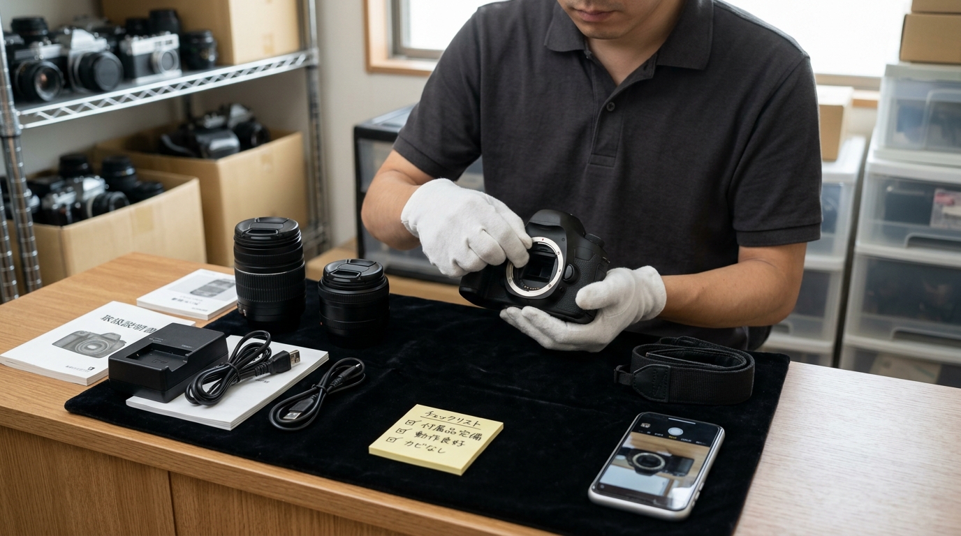 店舗カウンターでカメラの動作確認や付属品のチェックが行われている様子