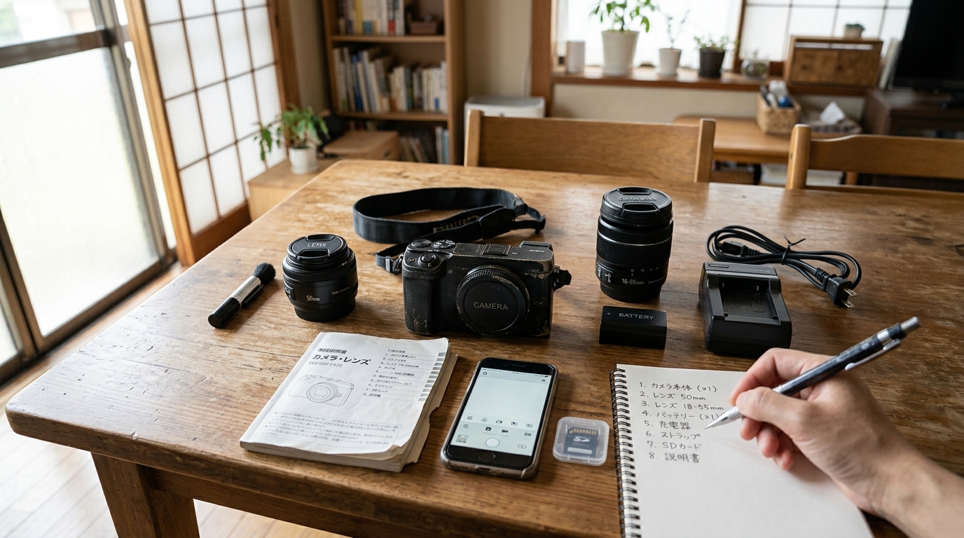 カメラ本体とバッテリー、充電器、説明書などを並べた査定前の準備風景