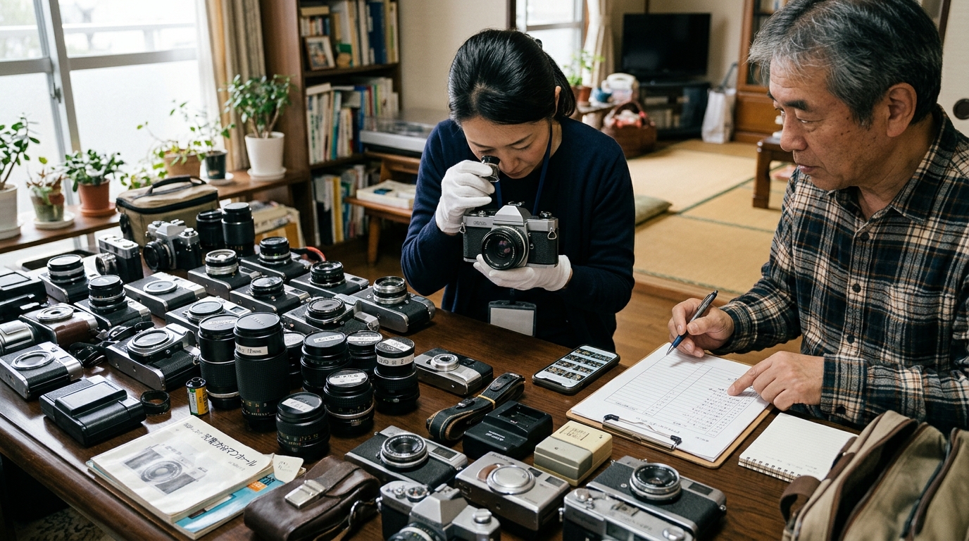 たくさんの古いカメラやレンズが並ぶテーブルの上で、手袋をした査定員が状態を確認し、依頼者がメモを見ている様子