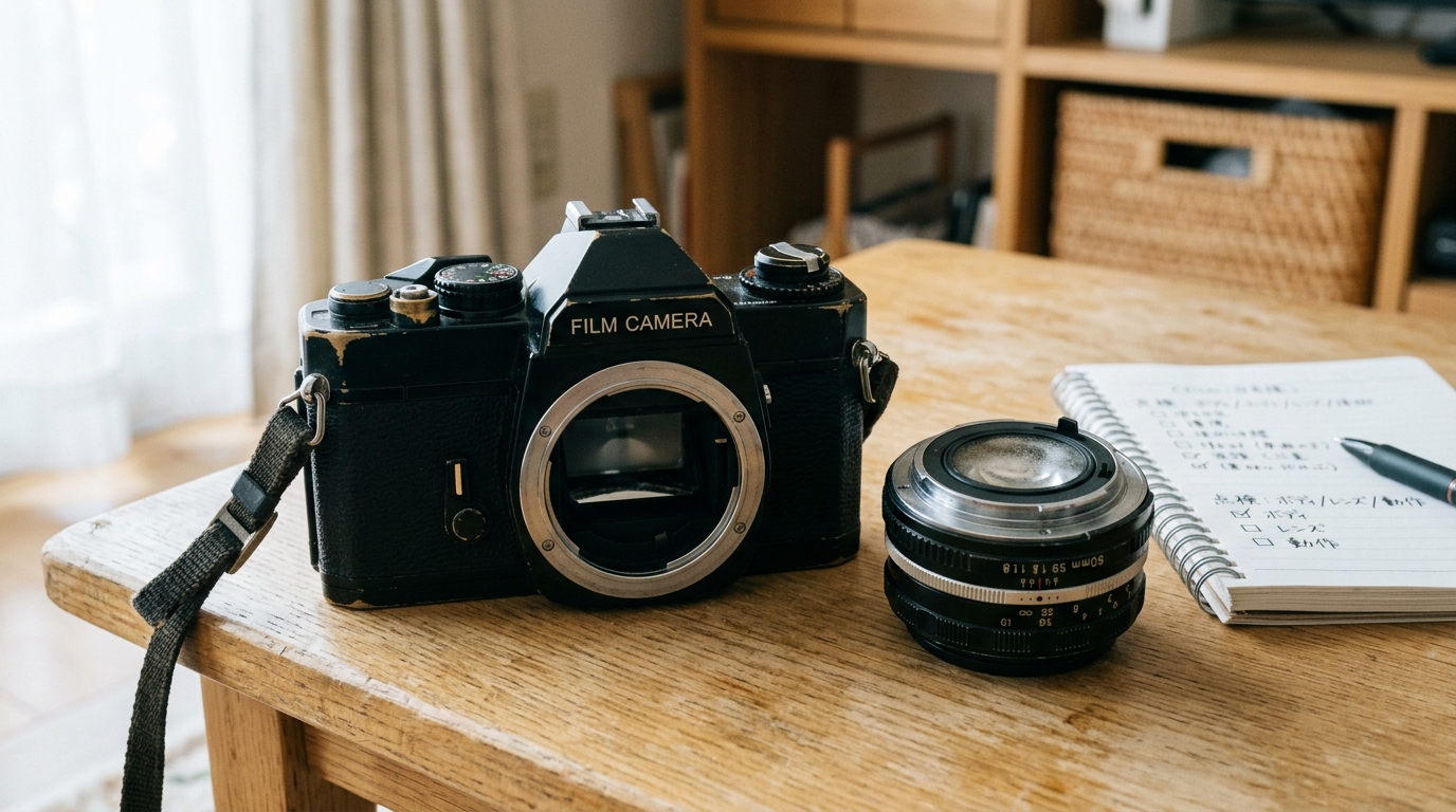 Canon AE-1の本体外観とレンズを取り外した状態の画像