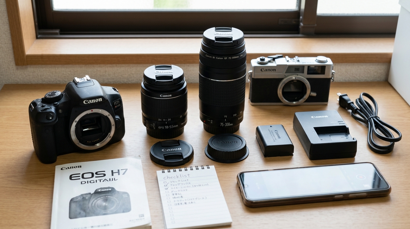 キヤノンのカメラ本体、交換レンズ、バッテリー、充電器、キャップ類が木製のテーブルの上に並べられている、査定準備中の実写イメージ。