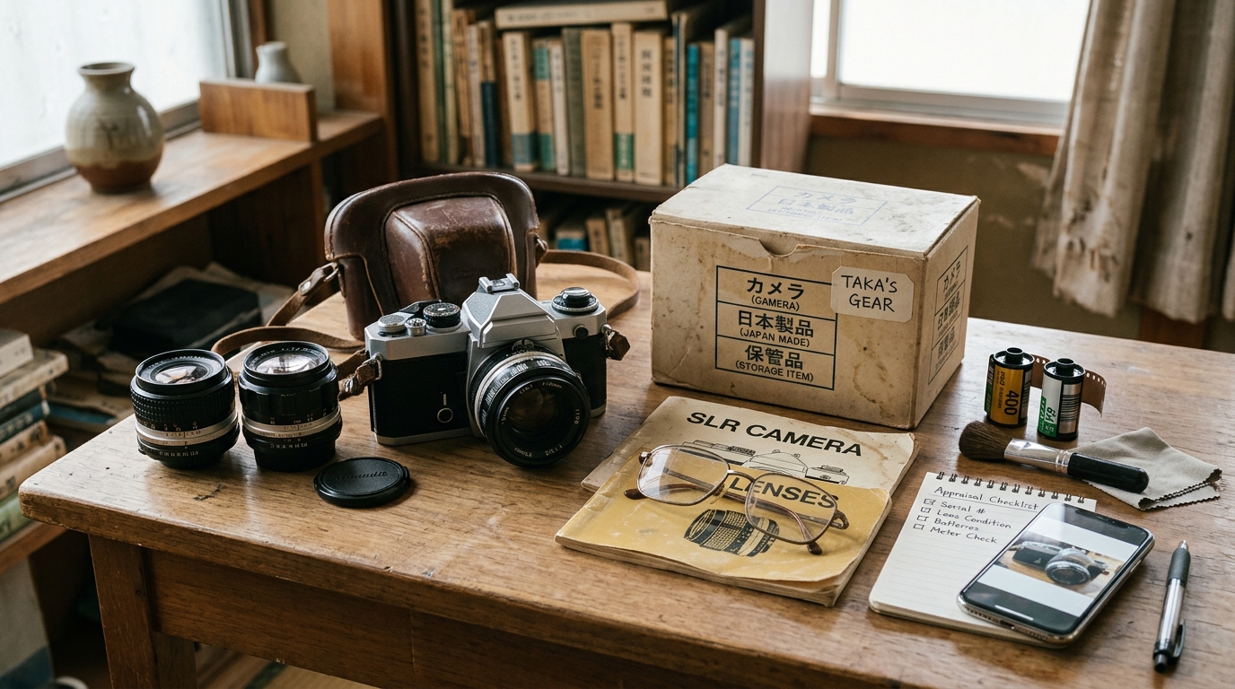 フィルムカメラ本体とレンズ、説明書や箱を並べて撮影した写真