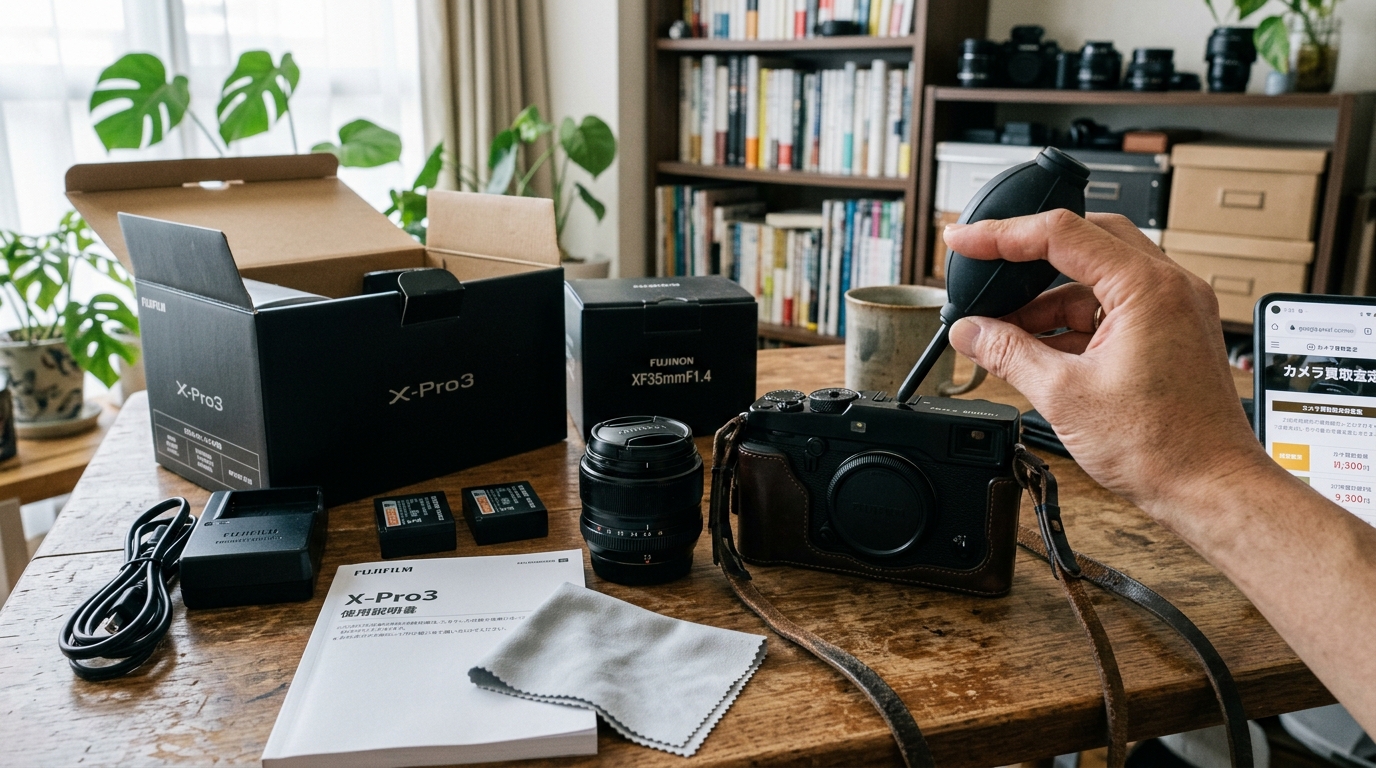 富士フイルムのミラーレスカメラ本体（X-Pro3）と交換レンズ、純正バッテリー、充電器、取扱説明書などの付属品が木目のテーブルの上にきれいに並べられている様子。手前にはブロアーを持った手元が映り、査定前の清掃と付属品確認を行っている。