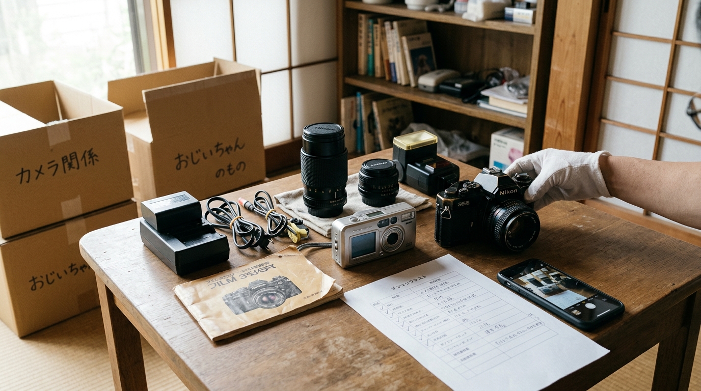 実家で見つかった古いフィルムカメラやデジタルカメラ、レンズ、バッテリー、説明書などの付属品が整理され、机の上に並べられた様子