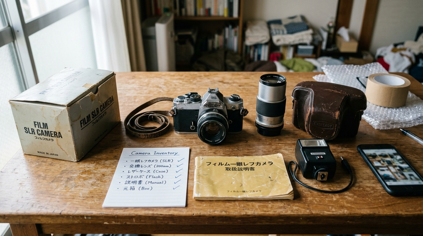 実家で発見した古いカメラと付属品一式を整理して並べた写真