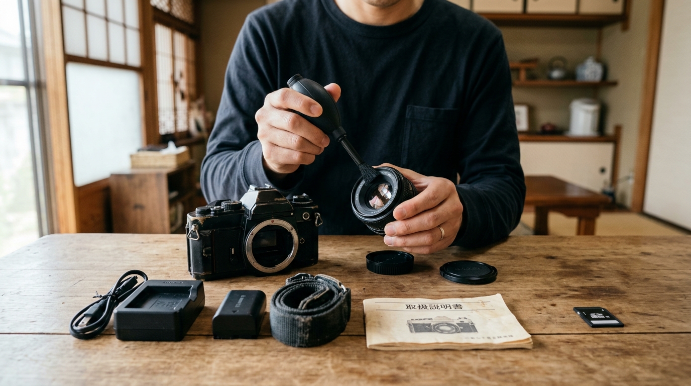 査定前に動作確認と付属品を整理するカメラ本体とレンズの写真