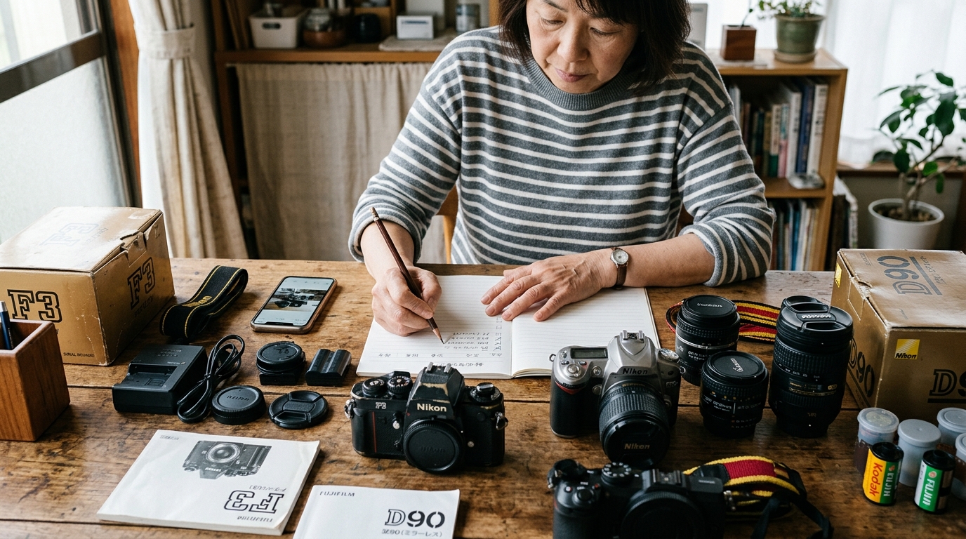 ニコンのカメラ本体とレンズを並べ、付属品や型番を確認している様子