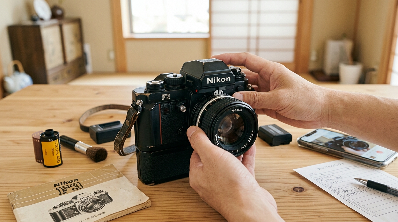 Nikon F3の正面、上部ダイヤル、巻き上げレバー、レンズ接合部、およびファインダー周辺の状態を、実家の整理作業中に手元で確認している自然な写真。経年の細かなスレや使用感が確認できる実用品のコンディション。