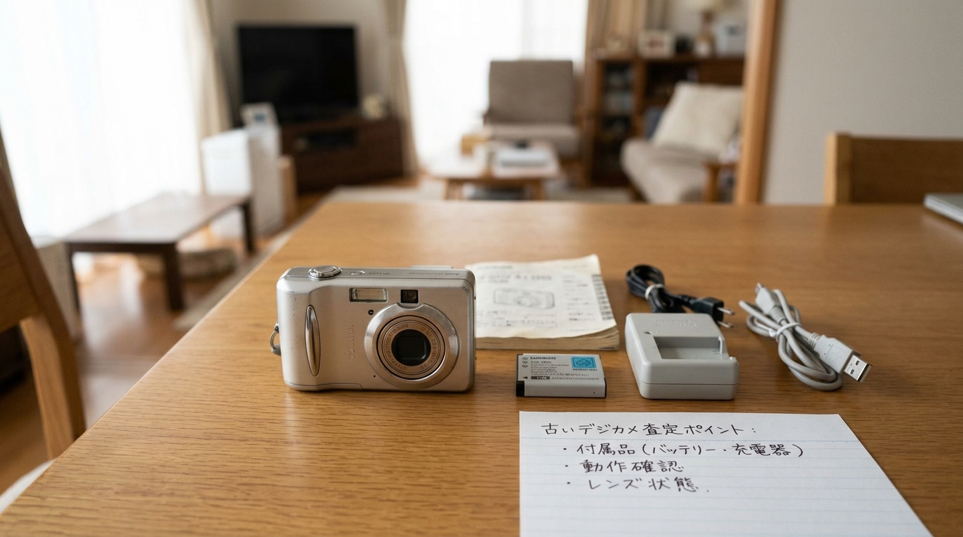 古いコンパクトデジカメ本体と、バッテリーや充電器などの付属品を並べた様子