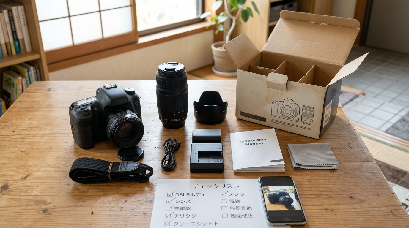 一眼レフカメラ本体とレンズ、付属品一式を整理して並べた写真