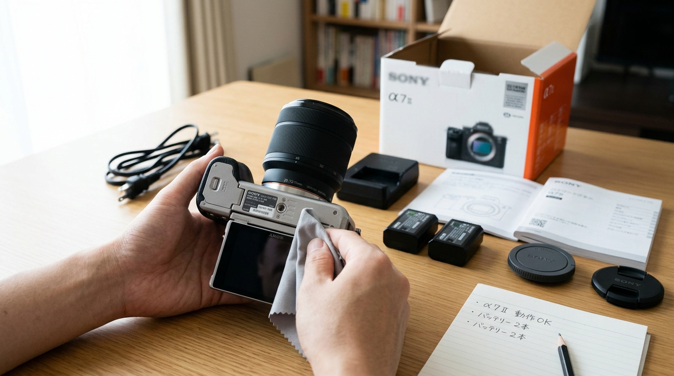 ソニー製カメラ（α7 II）の底面にある型番ラベルを確認し、付属品や説明書を整理している様子