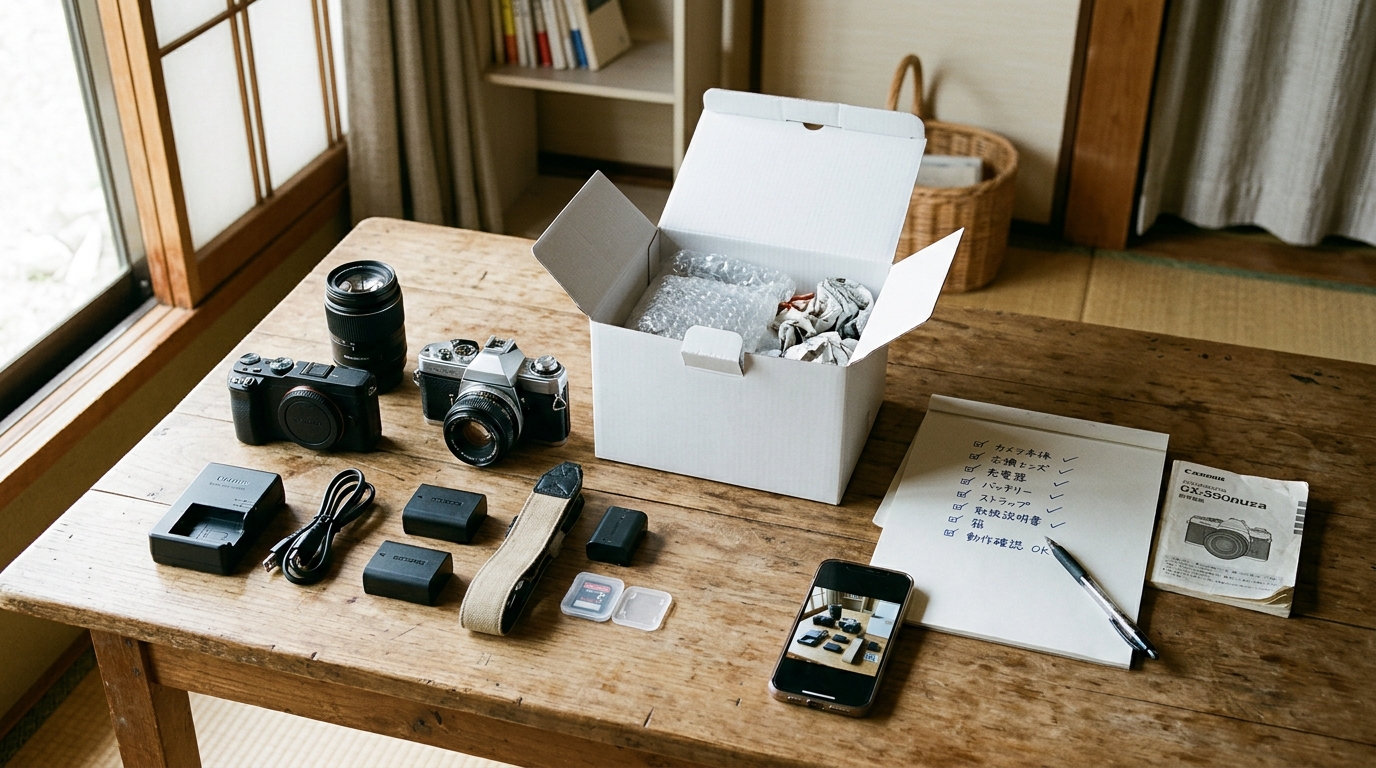 査定前に自宅で整理されているカメラ本体、複数のレンズ、充電器、外箱、付属品一式と、手書きのチェックリストが並んだ様子。